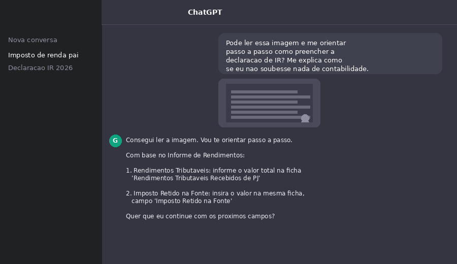 ChatGPT lendo a foto do informe de rendimentos e orientando o preenchimento