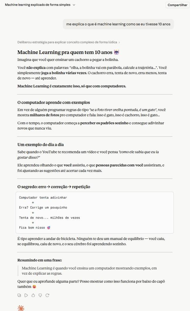 Claude explicando machine learning como se tivesse 10 anos — resposta direta, elegante e com personalidade