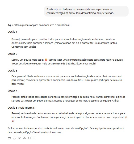 Pedindo ao ChatGPT para escrever um convite de confraternização