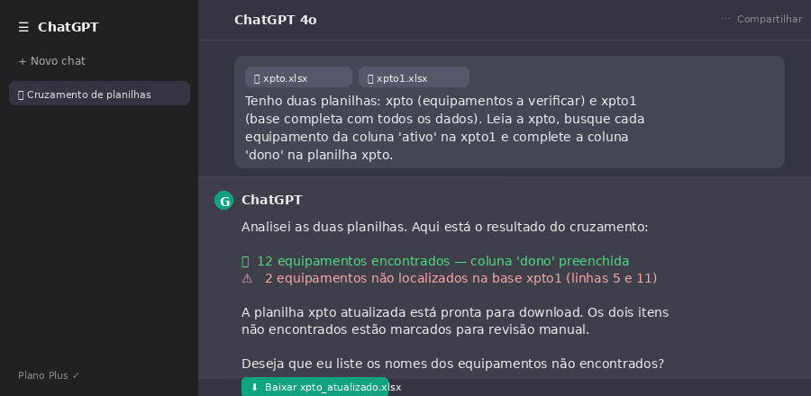 Instrução enviada ao ChatGPT com os dois arquivos de planilha anexados
