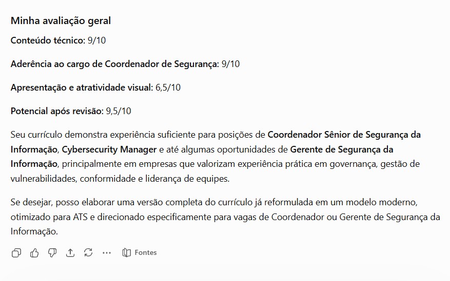 ChatGPT avaliando o currículo com notas por categoria