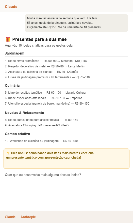 Claude gerando lista de 10 presentes criativos organizados por categoria com faixas de preço e onde encontrar