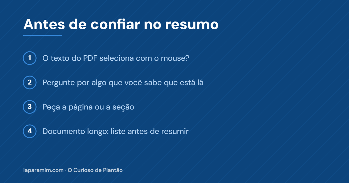 Card com quatro checagens antes de confiar no resumo feito por IA: testar seleção do texto, perguntar por algo conhecido, pedir a localização e listar antes de resumir